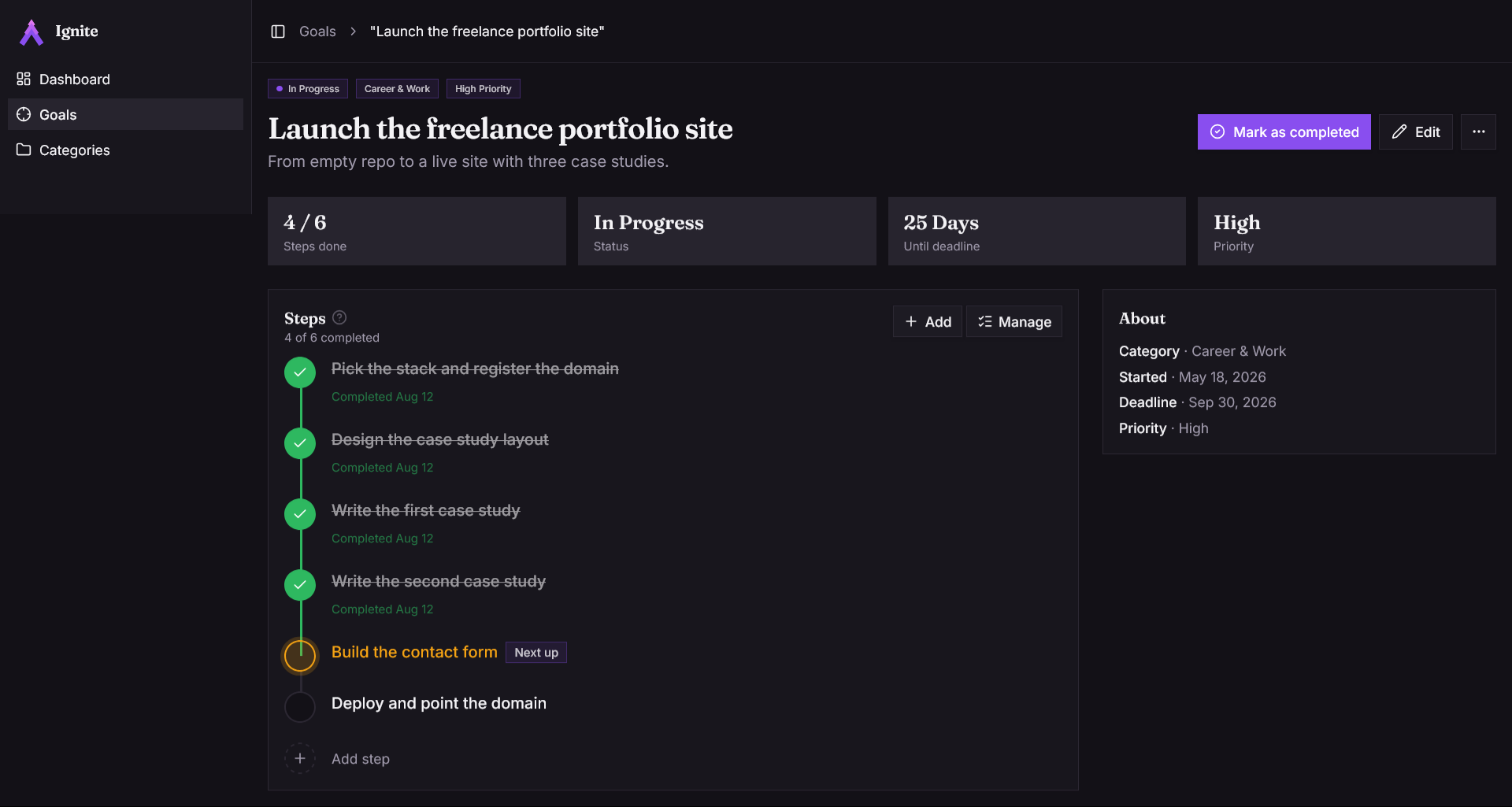 A multi-step goal, showing steps completed out of the total and a timeline of each step