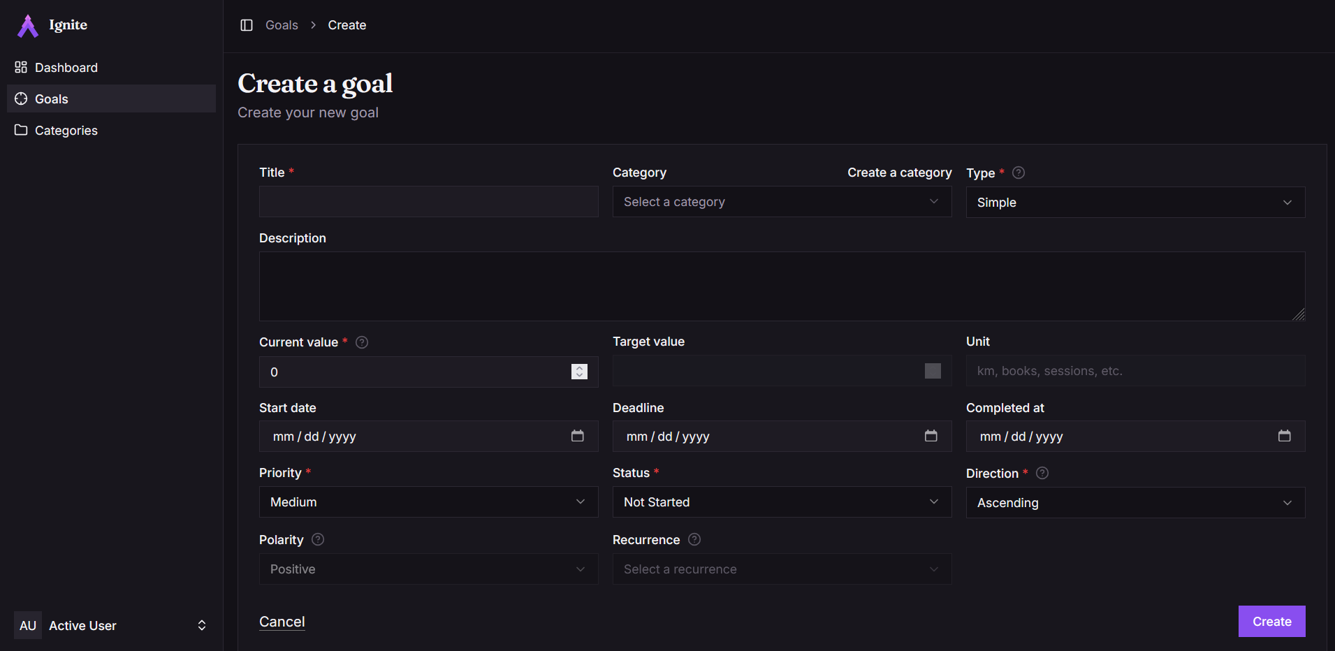 The new goal form, with the four goal types offered as a choice